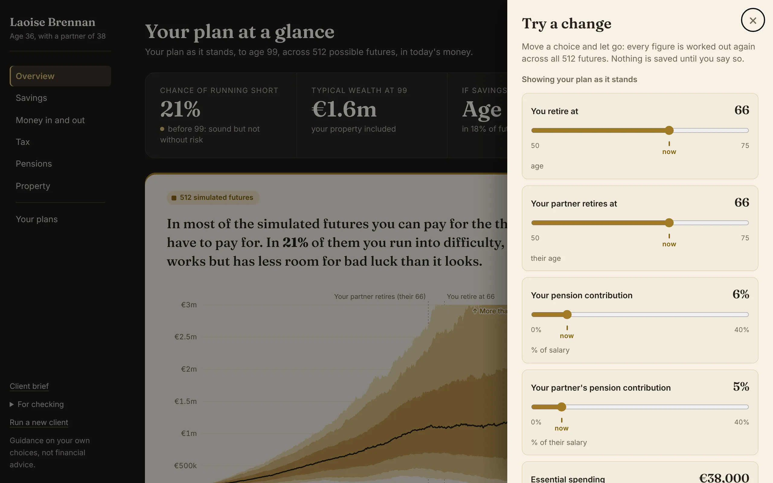 The Try a change panel beside a couple's plan: sliders for each retirement age and each pension contribution.